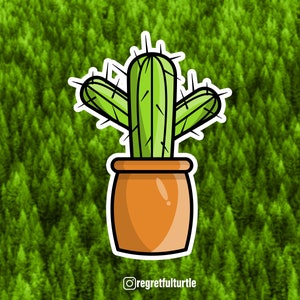 May include: A green cactus with multiple arms in a brown pot. The cactus is set against a background of green trees.
