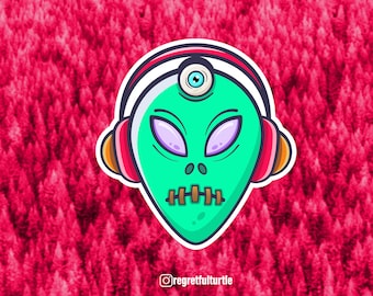 Trippy Alien Vinyl Sticker W/ headphones | Trippy designs | Trippy illustrations | Alien design | Glossy Finish Sticker