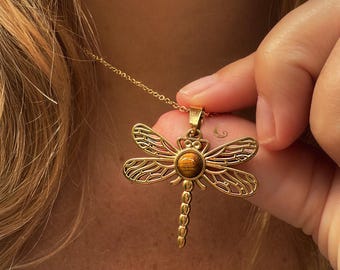 Gouden libelketting met tijgeroog-steenhanger, waterdichte en aanslagvrije sieraden, 18 kt vergulde roestvrijstalen ketting