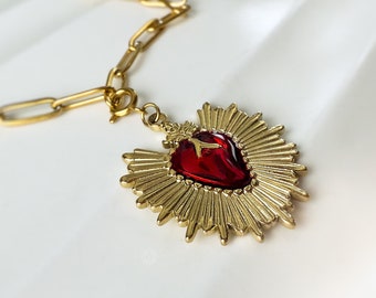 Sacred Heart Necklace • Red Enamel Heart Pendant • Radiant Gold Charm • Paperclip Chain • Devotional Jewelry Gift • Fire Element Symbol