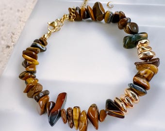 TIGER EYE Stone Bracelet with Gold Accents and Adjustable Chain