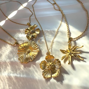 Gold Flower Pendant Necklace with Rope or Link Chain, Wild Rose Lily Poppy Ginkgo Design, Waterproof Botanical Jewelry, Floral Gift for Her
