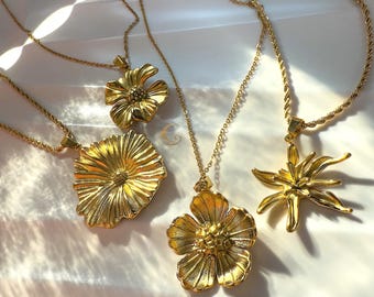 Gold Flower Pendant Necklace • Rope or Link Chain • Wild Rose • Poppy • Lily • Ginkgo • Waterproof Botanical Jewelry • Floral Gift for Her