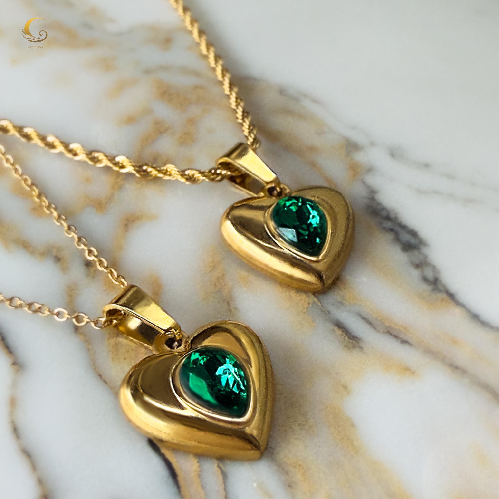 Emerald Heart Necklace • Gold Statement Pendant • Green Crystal Jewelry • Fire Element Amulet • Waterproof Gift • Bold Gold Necklace for Her