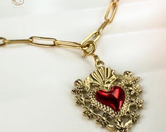 Sacred Heart Necklace • Red Enamel Pendant with Angels • Gold Paperclip Chain • Fire Element Jewelry • Romantic Gift • Symbolic Amulet.