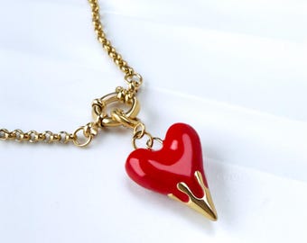 Red Heart Necklace with Statement Gold Rolo Chain. Valentine’s Gift for Her.