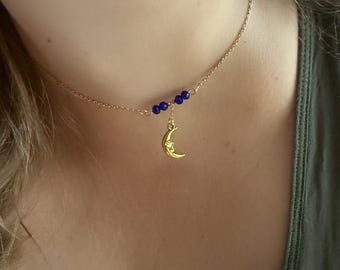 Gold Crescent Moon Choker with Blue Crystal Beads — Dainty Celestial Necklace