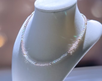 Pink & Clear Crystal Beaded Necklace • Dainty Bead Choker • Minimalist Layering Jewelry • Waterproof Crystal Necklace for Women • Girls Gift