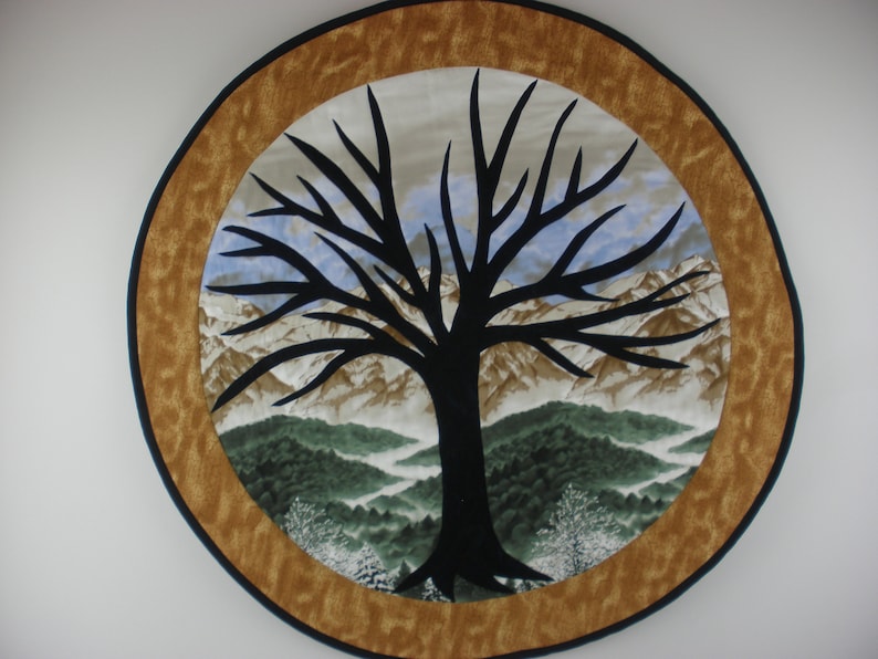 Tree of Life Fusible Applique Quilted Wall Hanging 29 Diameter Mountain Scene