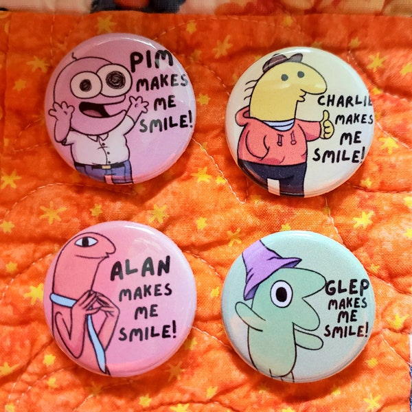 Smiling Friends Handmade Buttons- Pim, Charlie, Alan, and Glep