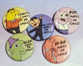Handgemaakte knopen van Smiling Friends - Pim, Charlie, Alan (Allan), Glep en Mr. Boss