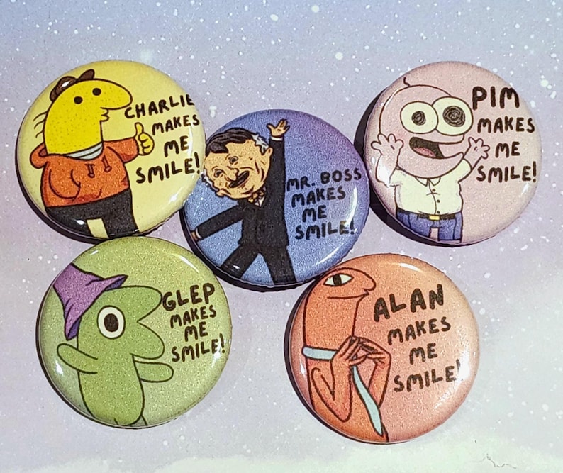 Smiling Friends Handmade Buttons- Pim, Charlie, Alan (Allan), Glep, and Mr. Boss image 1