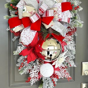 Holiday Door Swag - Red & Silver Christmas Wreath with Jingle Bell