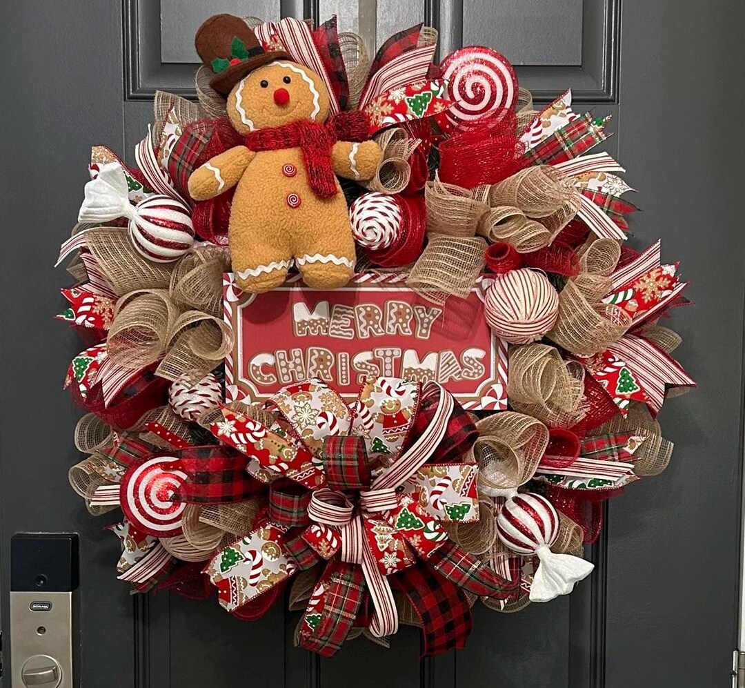 Gingerbread Man Christmas Wreath | Peppermint Candy Holiday Wreath for ...
