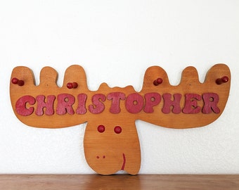 Vintage moose head peg rack, wooden wall rack for boys, CHRISTOPHER coat rack