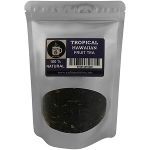 Tropical Hawaiian Fruit Blend Herbal Loose Tea contains CAFFEINE served ICED or HOT