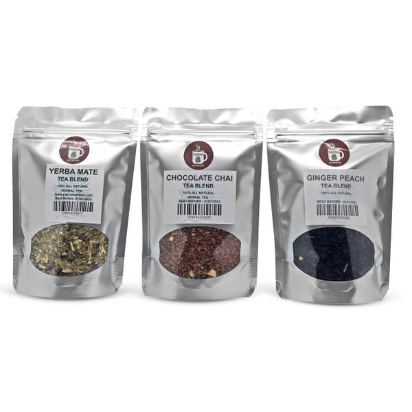 Yerba Mate, Chocolate Chai, Ginger Peach Tea Herbal Loose Leaf Tea Pack served ICED or HOT