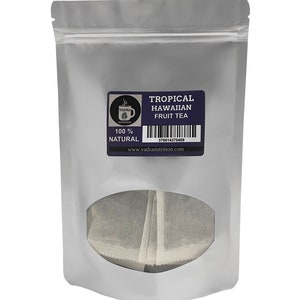 May include: A silver resealable pouch containing a stack of tea bags. The pouch has a label that reads "Tropical Hawaiian Fruit Tea" and "100% Natural". The label also includes a barcode and the website address "www.yadranutrition.com".