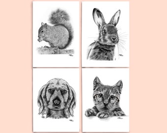 4 x A6 Mixed Animal Portrait Blank Greetings Cards, Rabbit, Squirrel, Dog, Cat, Hand-drawn Realistic Animal, Thank You, Note Card (A6)