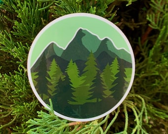 Forest Mountain Landscape Sticker, Glossy Coated Vinyl Contour Cut Sticker, Weatherproof Sticker, Hydro Flask Sticker, Laptop Sticker