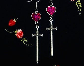 Silver Gothic Sword Earrings w Pink Floating Crystal Hearts–Statement Dagger Earrings–Edgy Valentine Jewelry–Blade Earring–Alternative Style