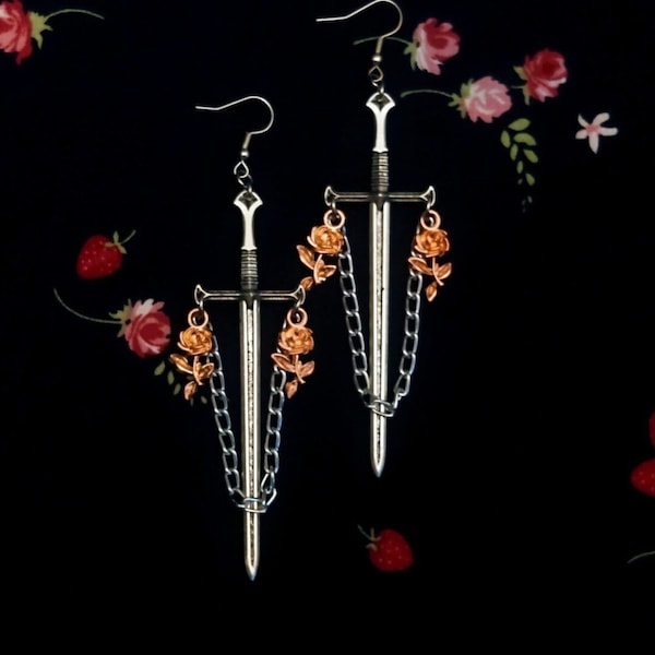 Gothic Sword Earrings with Roses and Chains–Statement Dagger Earrings–Knightcore Jewelry–Fantasy Goth Accessory–Edgy Gothcore Earrings