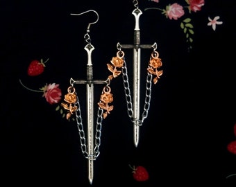 Gothic Sword Earrings with Roses and Chains–Statement Dagger Earrings–Knightcore Jewelry–Fantasy Goth Accessory–Edgy Gothcore Earrings