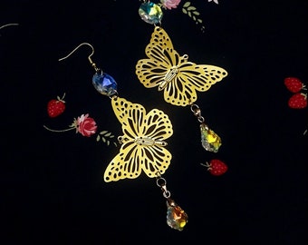 Boho Suncatcher Earrings, Golden Butterfly Rainbow Crystal Earrings, Rainbow Maker Crystal and Gold Jewelry, Sparkly Gift for Her