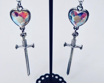 Silver Gothic Sword Earrings w/ Opal Crystal Hearts–Statement Dagger Earrings–Edgy Valentines Jewelry–Blade Earring–Alternative Earrings