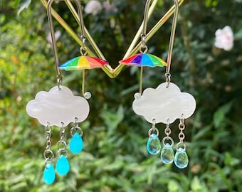 Rain Cloud Earrings—Umbrella Earrings—Rainy Day Jewelry—Rain Drop Earrings—Cottagecore Accessory—Cutecore Storm Cloud Earrings—Thunderstorm