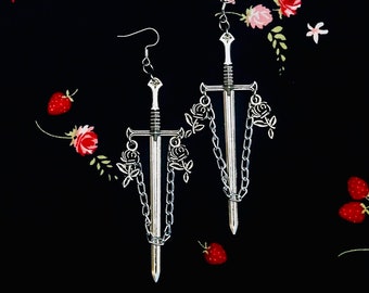 Gothic Sword Earrings with Black Roses and Chains