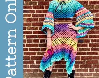 Psychedelisches Häkelkleid-Muster – Oma-Quadrat-Kleid – Boho-Häkelmode – Blumen-Kind-Kleid-Muster – Woodstock Hippie-Kleid – Häkelkleid