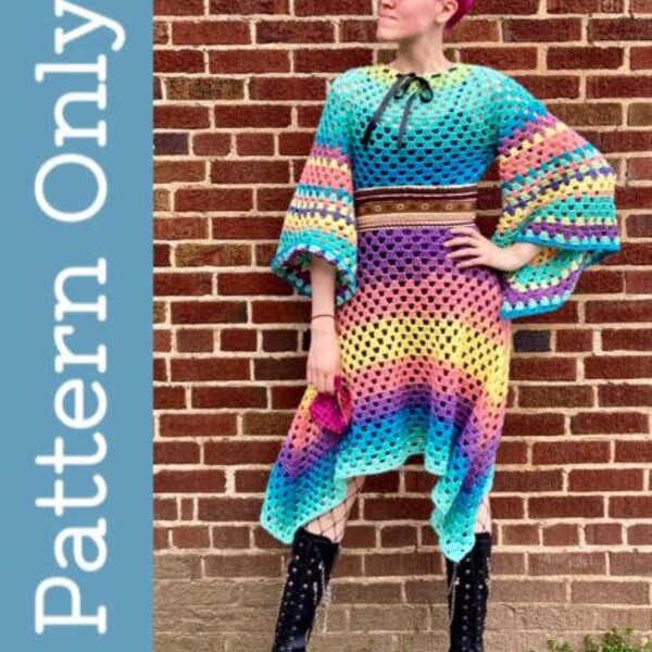 Psychedelic Crochet Dress Pattern—Granny Square Dress—Boho Crochet Fashion—Flower Child Dress Pattern—Woodstock Hippie Dress—Crochet Dress