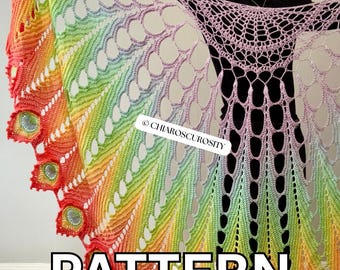 Peacock Feather Shawl Crochet Pattern, Large Lace Wrap (PDF File)