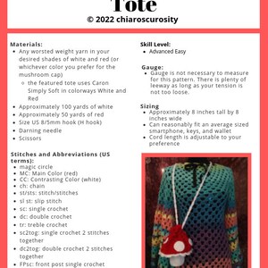 May include: A crochet tote bag shaped like a mushroom with a red top and white stem. The tote bag is hanging from a rainbow crochet top. The tote bag is approximately 8 inches tall and 8 inches wide. The tote bag is made with Caron Simply Soft yarn in white and red.
