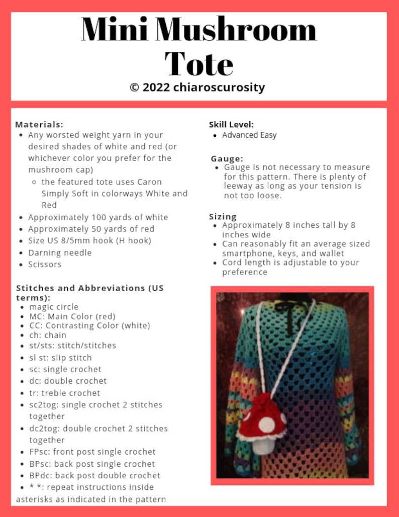 May include: A crochet tote bag shaped like a mushroom with a red top and white stem. The tote bag is hanging from a rainbow crochet top. The tote bag is approximately 8 inches tall and 8 inches wide. The tote bag is made with Caron Simply Soft yarn in white and red.