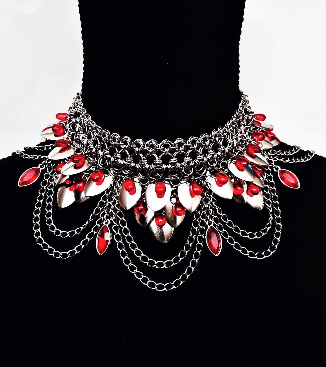 Buy Gothic Dragon Scale Chainmail Choker W/ Blood Drops, Chains, Ruby ...