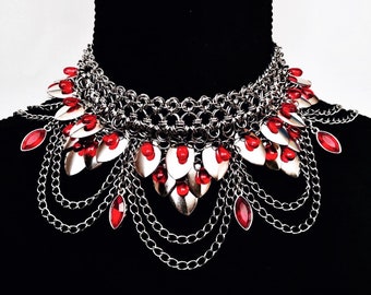 Gothic Dragon Scale Chainmail Choker w/ Blood Drops, Chains, Ruby Pendants—High Fantasy Necklace—Dragon's Blood Choker—Scalemail Jewelry