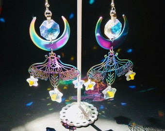 Luna Moth Suncatcher Earring w/ Crystal Moons Stars, Celestial Psychedelic Rainbow Maker Earrings, Fae and Faery Accessories, Gift for Her