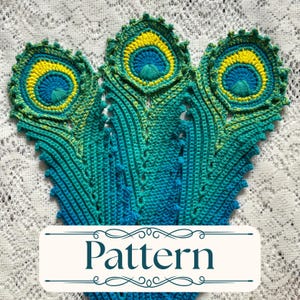 May include: Crocheted peacock feather design in shades of teal, blue, and yellow. The pattern features intricate detailing and a textured appearance. The word "Pattern" is displayed on a white banner.