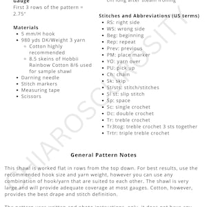 May include: A crochet pattern page with text detailing skill level, gauge, materials, sizing (205 cm x 91 cm), and stitch abbreviations. Includes a list of materials like a 5 mm hook and yarn. The pattern is for a shawl.