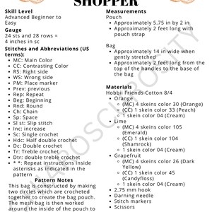Puede incluir: Un patr&oacute;n de crochet para una bolsa de compras de verano c&iacute;trica. El patr&oacute;n incluye instrucciones para hacer una bolsa y una bolsa de malla. Los materiales necesarios incluyen hilo de algod&oacute;n en varios colores, un gancho de crochet y otros suministros.