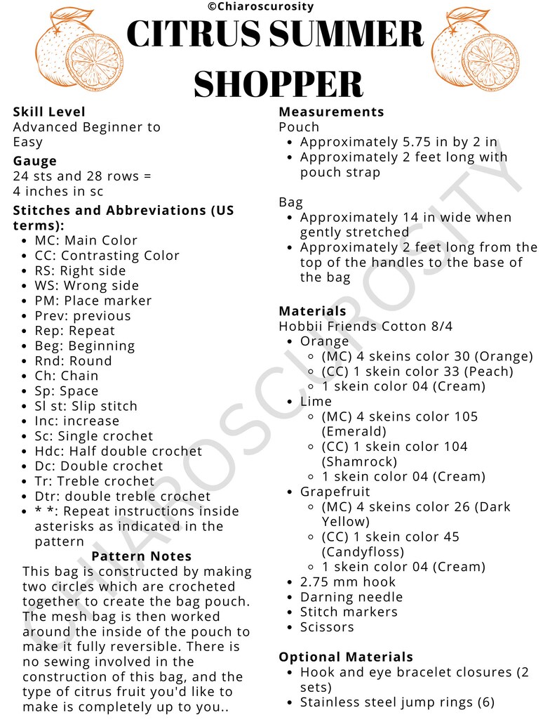 Puede incluir: Un patr&oacute;n de crochet para una bolsa de compras de verano c&iacute;trica. El patr&oacute;n incluye instrucciones para hacer una bolsa y una bolsa de malla. Los materiales necesarios incluyen hilo de algod&oacute;n en varios colores, un gancho de crochet y otros suministros.