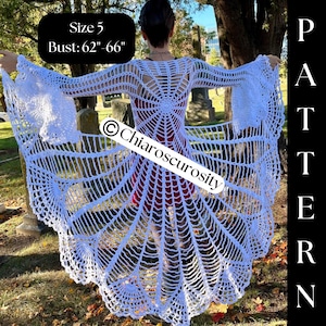 May include: White crochet spiderweb cardigan with long sleeves and a wide, flowing hem. The cardigan is size 5 and fits a bust of 62-66 inches. The pattern is called "Chiaroscurosty".