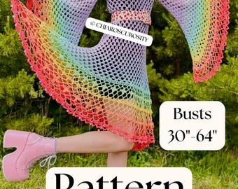 May include: A crochet dress featuring a rainbow gradient pattern with wide bell sleeves and a waist belt. The text CHIAROSCUROSITY is visible on the garment. A white box displays the text BUSTS 30-64 and the word Pattern is printed below.