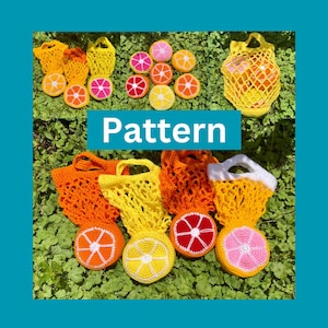 May include: Crochet pattern for a set of fruit-shaped bags. The bags are made in orange, yellow, and pink, and feature a crocheted design that resembles a slice of fruit. The pattern includes instructions for making the bags and the fruit shapes.