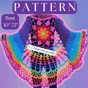 Puede incluir: Un cárdigan de crochet colorido con un patrón de arcoíris y un gran diseño de flor en el centro. El cárdigan tiene una forma amplia y fluida y está hecho con un hilo ligero. Talla de pecho 76-183 cm.