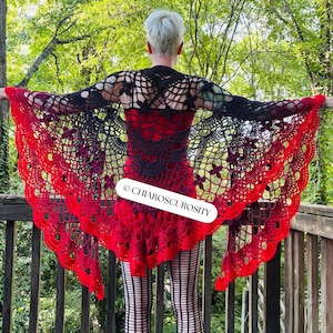 May include: A handmade, open-weave shawl in black, red, and purple. The shawl features a floral pattern and a scalloped edge. The text "&copy; CHIAROSCUROSITY" is visible on the shawl.