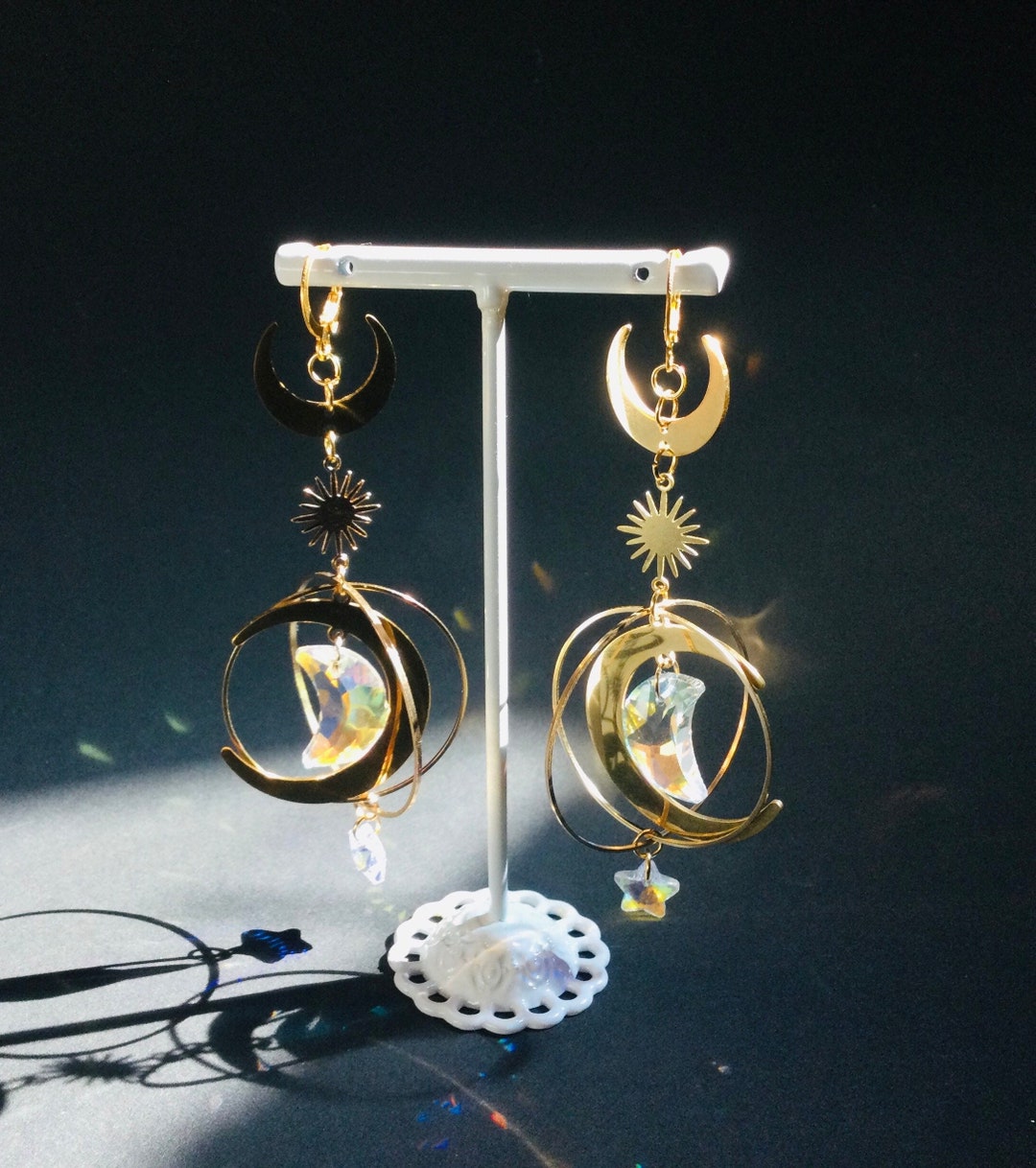 Boho Gold Suncatcher Earrings, Celestial Dangle Crescent Moon and Star