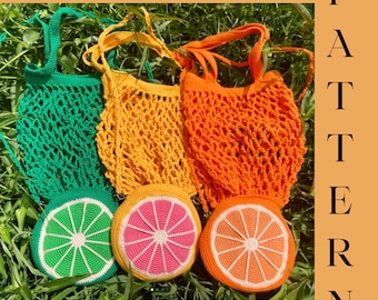 Patrón de bolso de mercado plegable de ganchillo con diseño de cítricos para el verano.